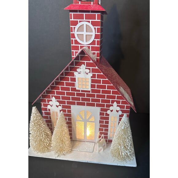 Large 15" Ebenezer & Co. Lighted Church Christmas Paper House Red Brick Deer - Picture 3 of 8